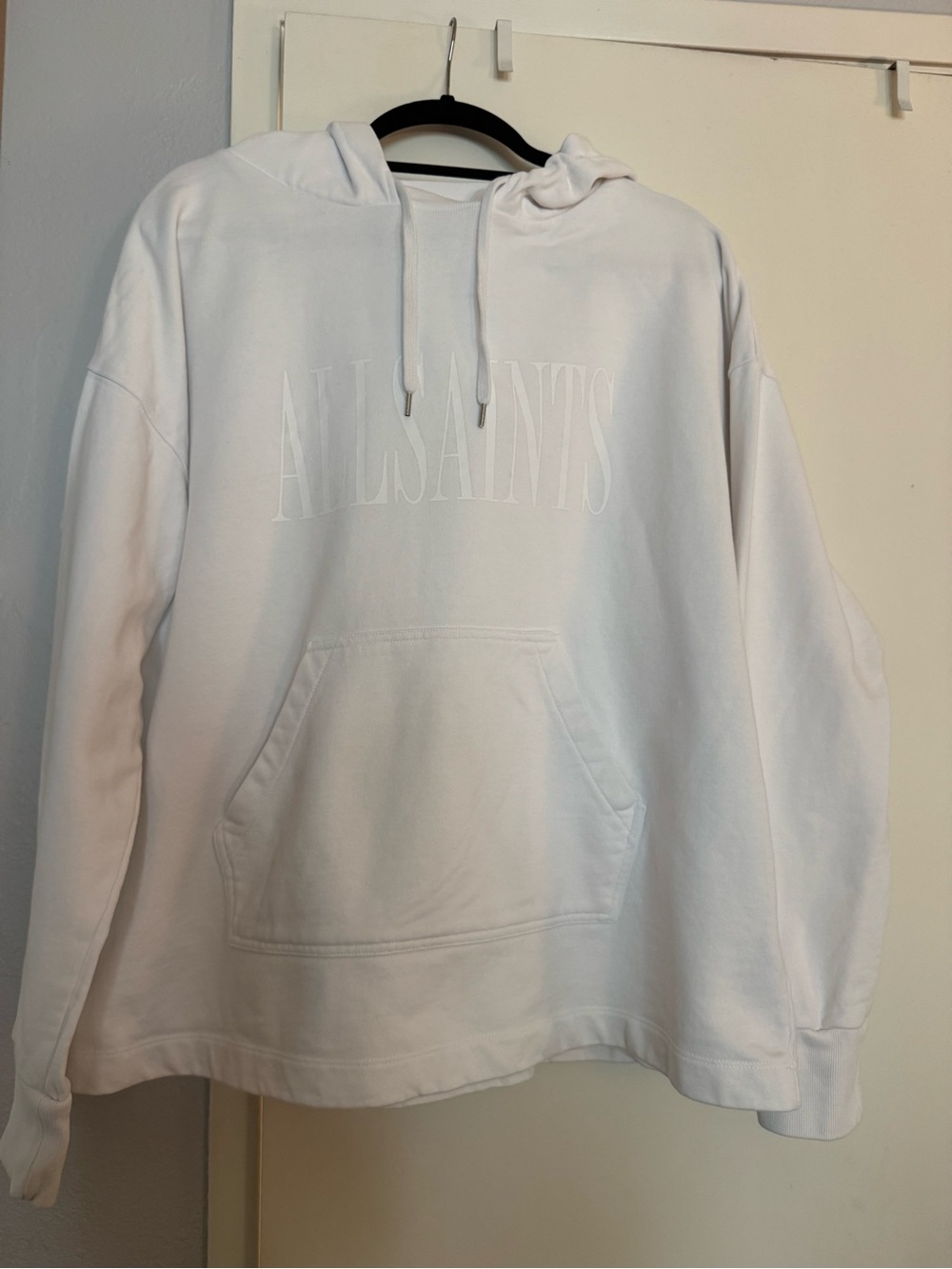 AllSaints oversized monochrome White Pullover Hoodie with Branded Neck Tag - Picture 2 of 12